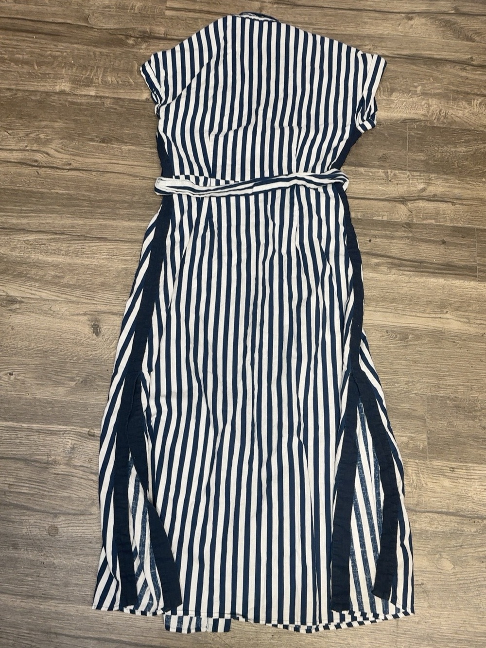 ZARA XS Navy White Striped Belted Shirt Dress Side Slits Round Buckle - Picture 9 of 9